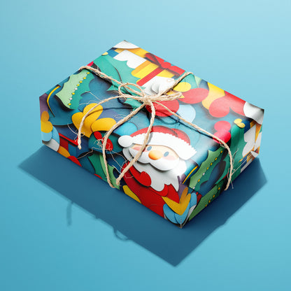 A single gift wrapped in Santa Pop and tied with natural twine, displaying layered paper-cut Santas, holly, and berries on teal, set on a bright sky blue surface.