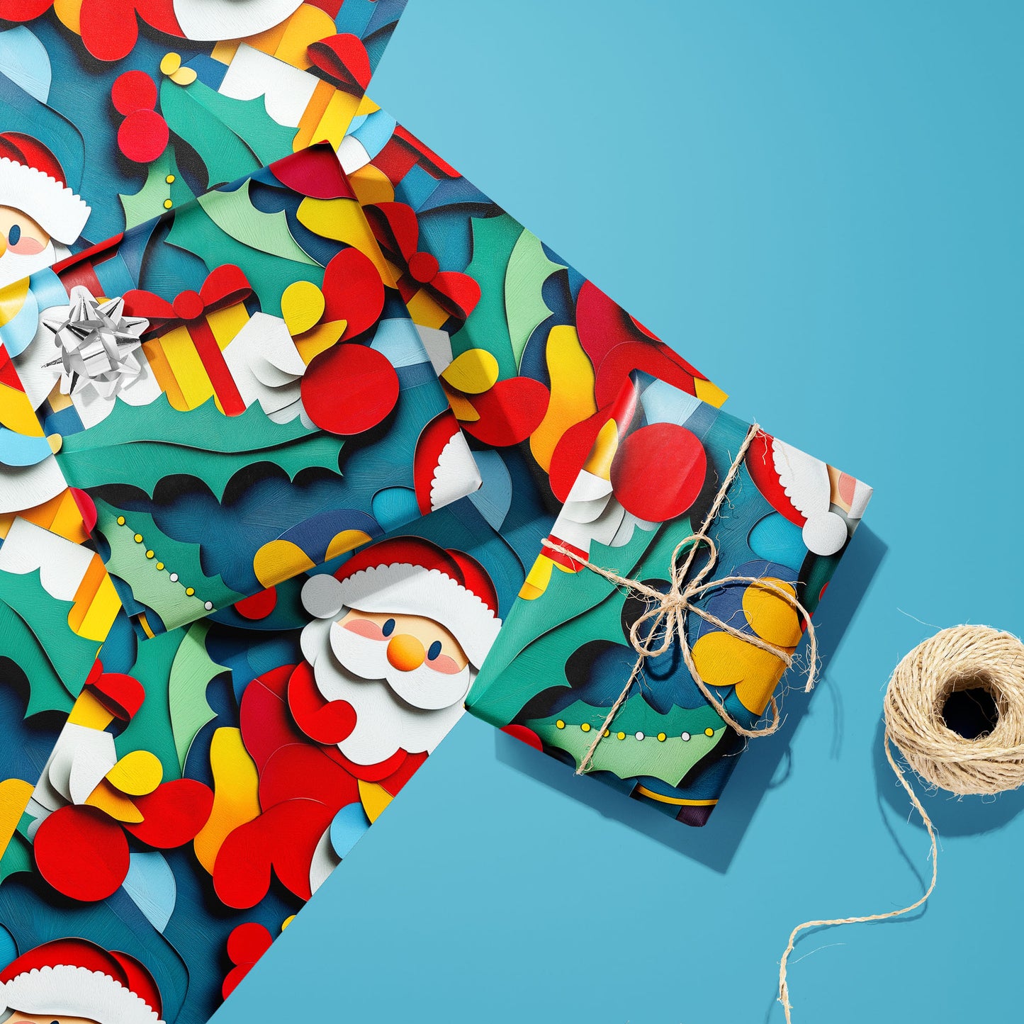 Two gifts wrapped in Santa Pop—one with a silver bow and one tied with twine—rest on two unused sheets beside a twine spool on a bright sky blue surface with Santa and holly motifs.
