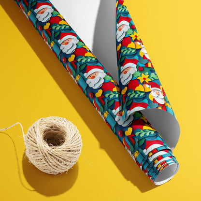 A partially unfurled Christmas Cutouts roll with its white underside visible beside a spool of natural twine on a yellow surface, showing Santas, holly, berries, and yellow flowers.