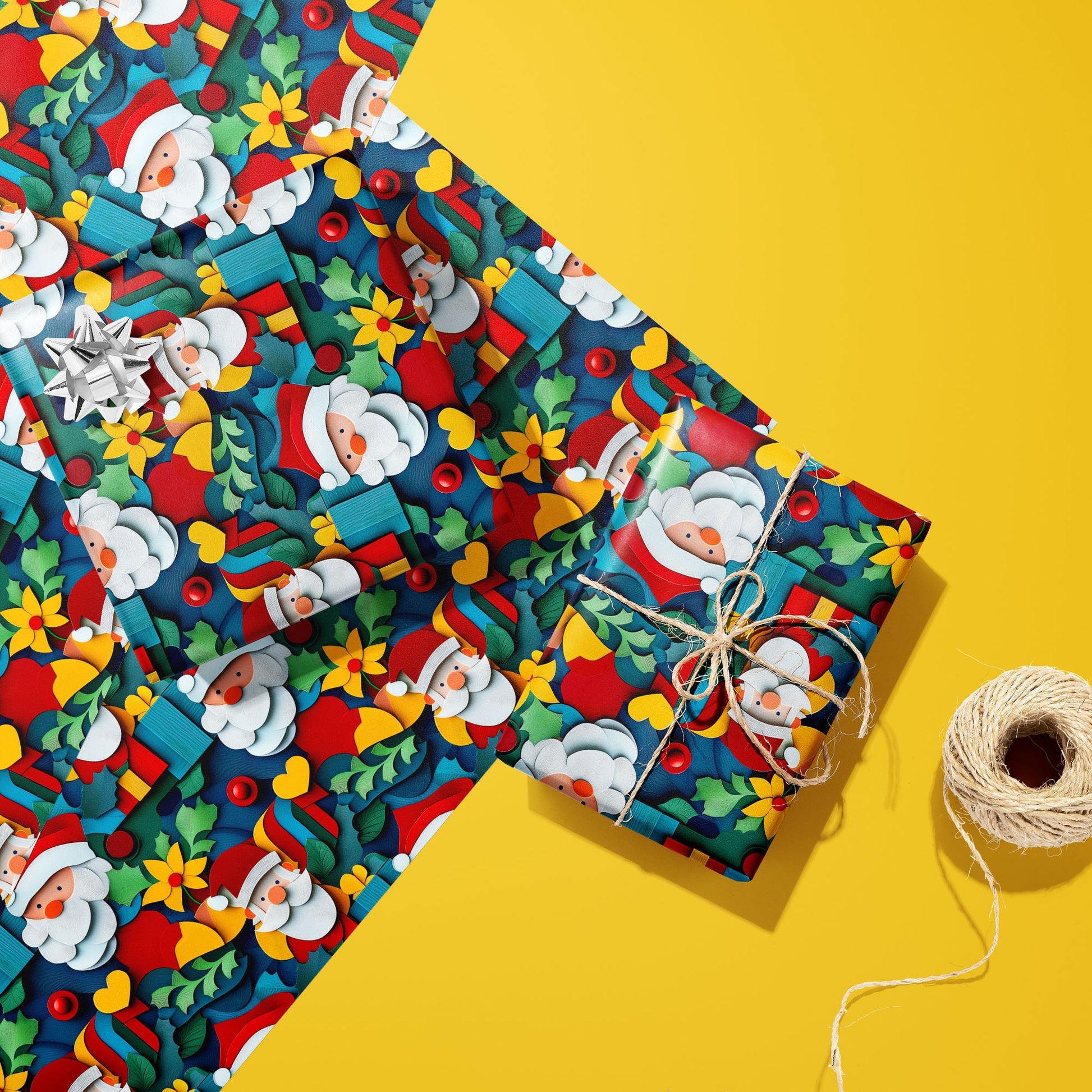 Two gifts in Christmas Cutouts—one with a silver bow and one tied with natural twine—rest on two unused sheets beside a spool of twine, all set on a yellow background.