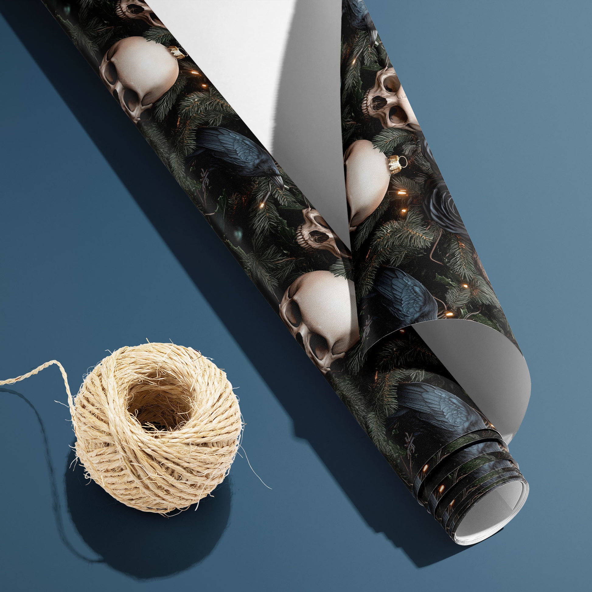 A partially unfurled roll of Dark Yuletide with the white underside visible sits beside natural twine on steel blue, revealing skull ornaments, ravens, and black roses among pine.