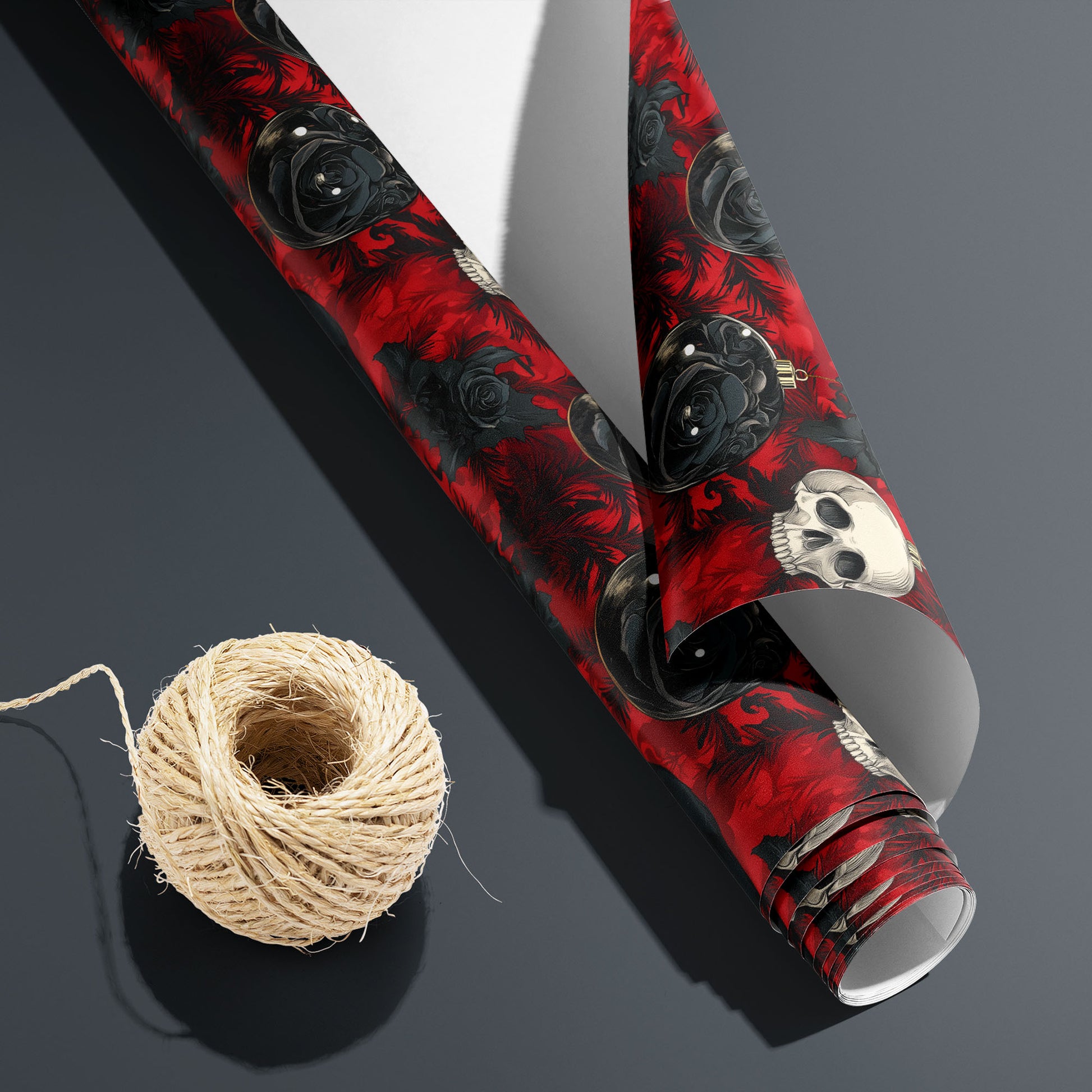 A partially unfurled roll of Merry Macabre, white underside visible beside a spool of natural twine, shows skulls, black roses, and ravens on a crimson ground over charcoal gray.