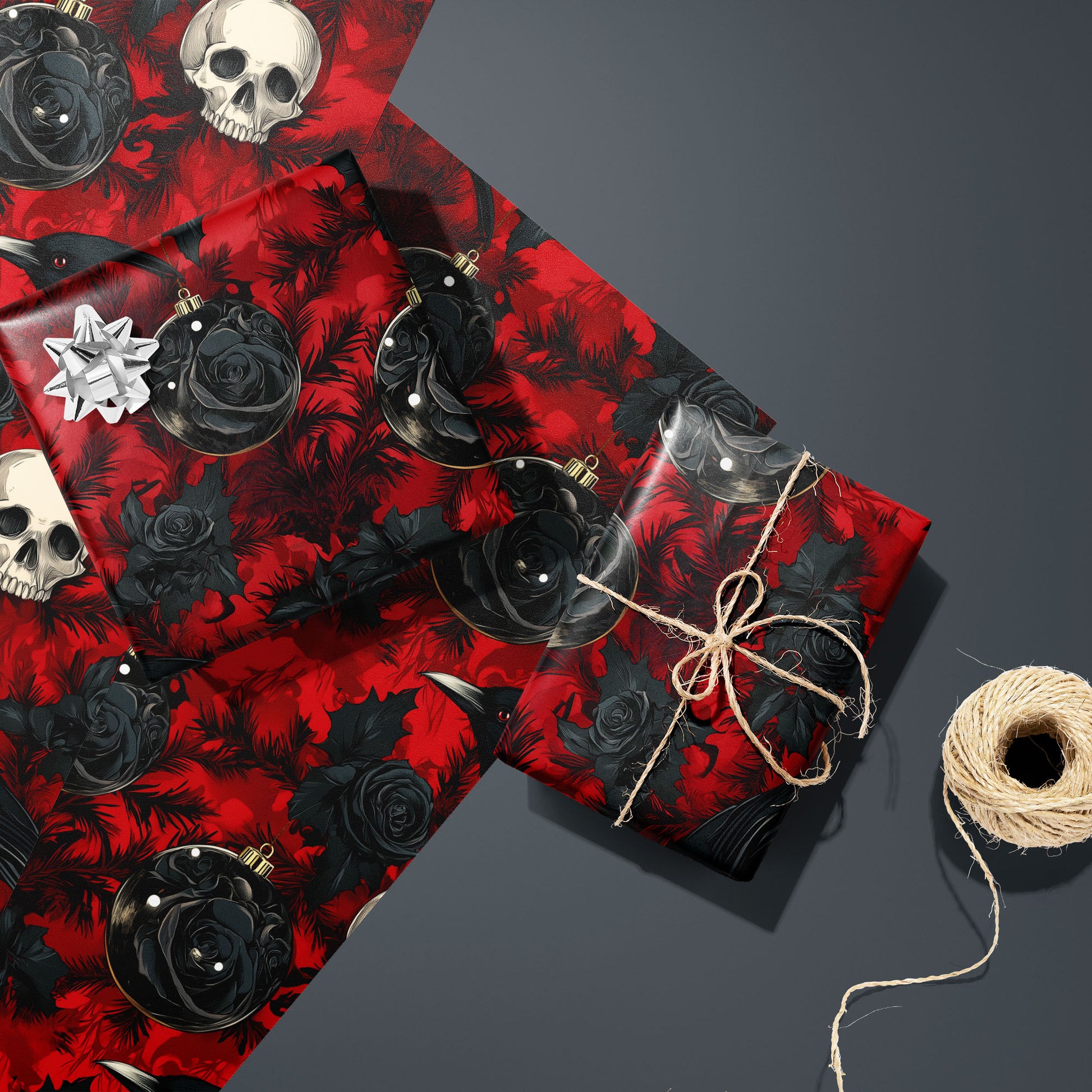 Two Merry Macabre gifts—one silver-bowed, one tied with twine—rest on two unused sheets beside a twine spool on a charcoal gray surface, showing skulls, ravens, and black roses.