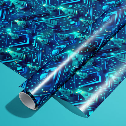 roll of Xmas Grid wrapping paper on a matching unrolled sheet, showing neon circuit-board lines, microchips, and evergreen icons on deep navy, set on a teal surface.