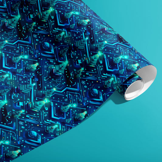 A partially unfurled roll of Xmas Grid paper reveals glowing circuit traces, chips, and snowflakes across deep navy, displayed on a teal background.