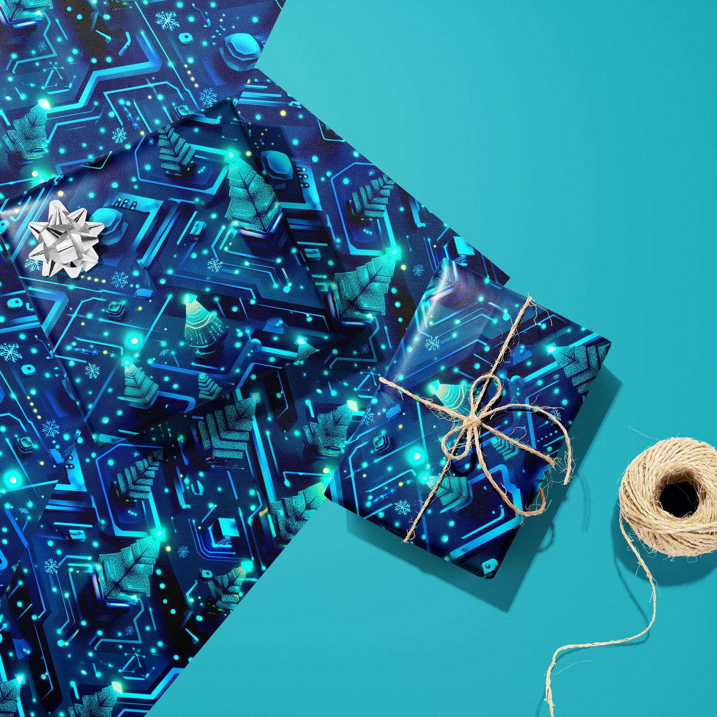 Two gifts in Xmas Grid—one with a silver bow, one tied with twine—rest on two unused sheets beside a twine spool on a teal surface, glowing with circuit lines and tiny trees.