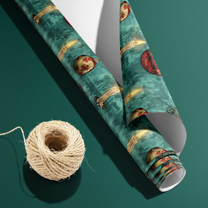A partially unfurled A Dystopian Christmas roll with its white underside visible beside a spool of natural twine on deep green, showing barbed-wire ornaments and candles on a stained teal backdrop.
