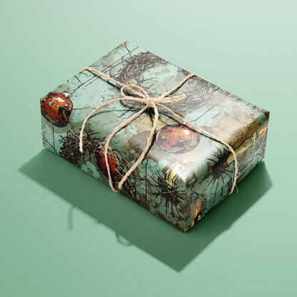 A single gift wrapped in Tarnished Spirit and tied with natural twine displays distressed teal panels with twig wreaths, candles, and red ornaments against a mint green background.