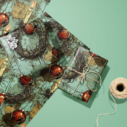 Two gifts in Tarnished Spirit—one silver-bowed and one tied with twine—rest on two unused sheets with twig wreaths, candles, and red ornaments beside twine on a mint green surface.