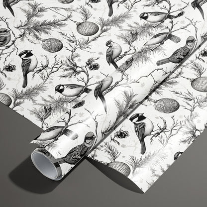 A roll of Ornamental Nesting on a matching unrolled sheet, with black-and-white songbirds, pine boughs, pinecones, and ornaments on a white background atop a dark gray surface.