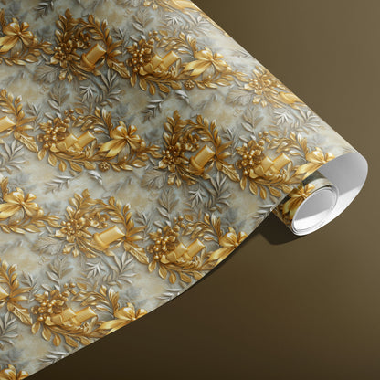 Radiant Reverie gift wrap featuring gold wreaths, bows, berries, and leaves. A partially unfurled roll lies on an olive-brown background.