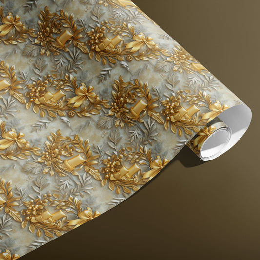Radiant Reverie gift wrap featuring gold wreaths, bows, berries, and leaves. A partially unfurled roll lies on an olive-brown background.