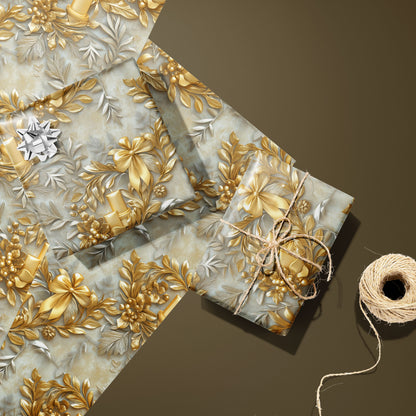 Radiant Reverie paper with gold wreaths and bows. Two wrapped gifts—one with a silver bow, one tied with twine—rest on two unused sheets next to a twine spool on an olive-brown surface.