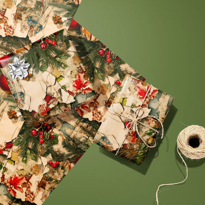 Two Timeworn Tidings gifts—one with a silver bow, one tied with twine—rest on two unused sheets beside a twine spool on an olive green surface, showing vintage pine and ornaments.