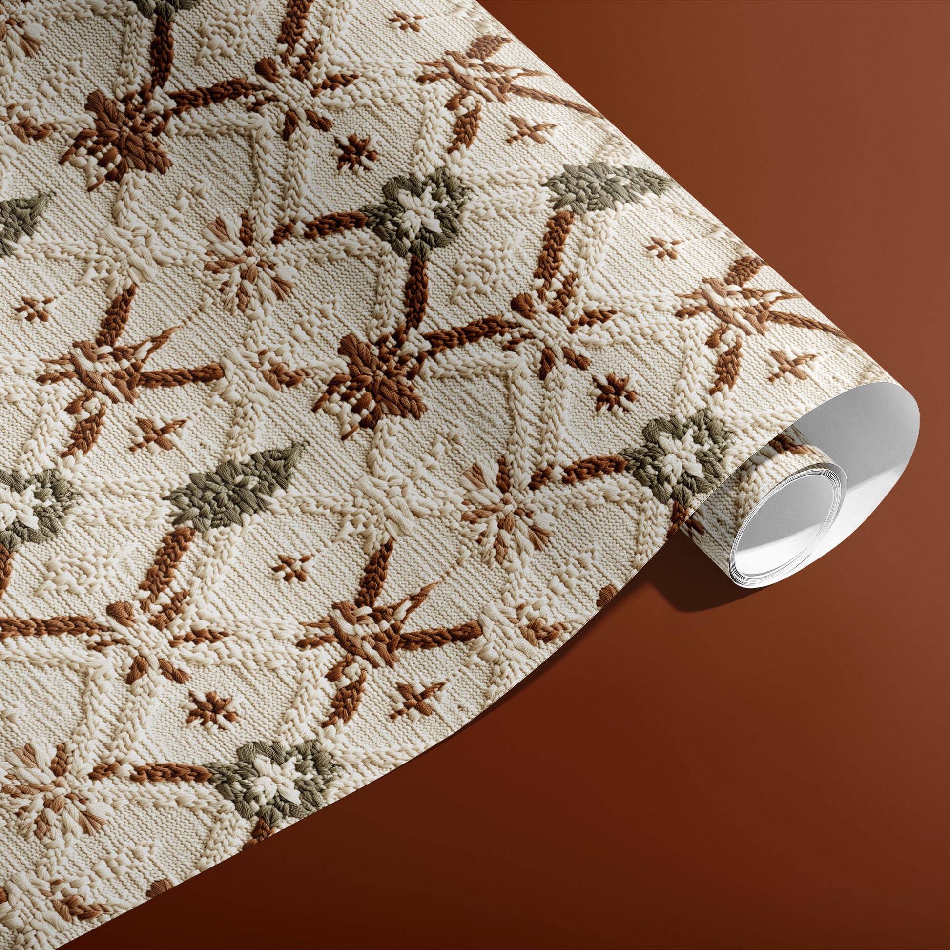 A partially unfurled roll of Festive Fibers gift wrap shows cozy knit snowflakes and tree motifs in cream, brown, and sage against a terracotta background.