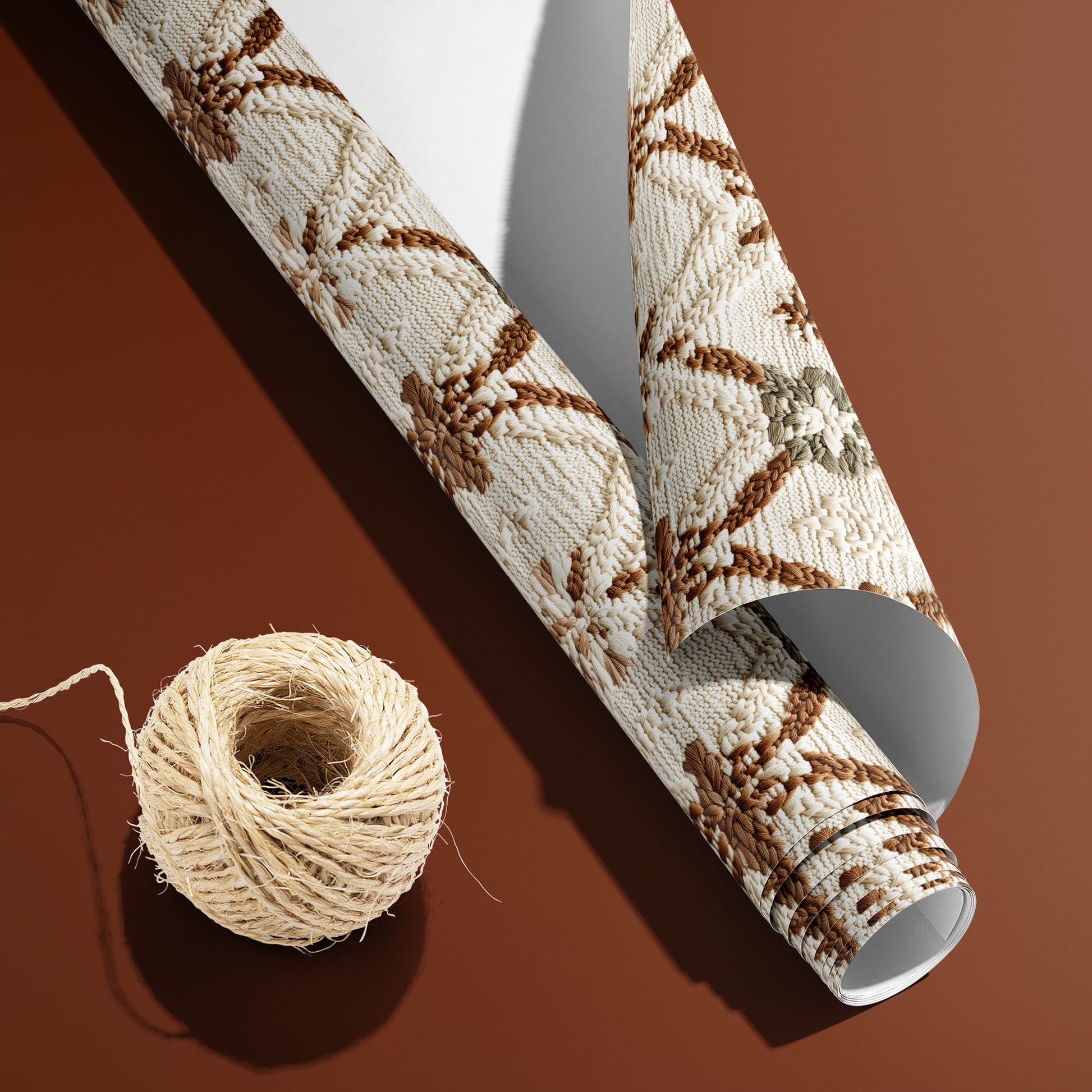 A partially unfurled roll of Festive Fibers, white underside visible beside a spool of natural twine, displays knit stars and trees on cream over a terracotta surface.