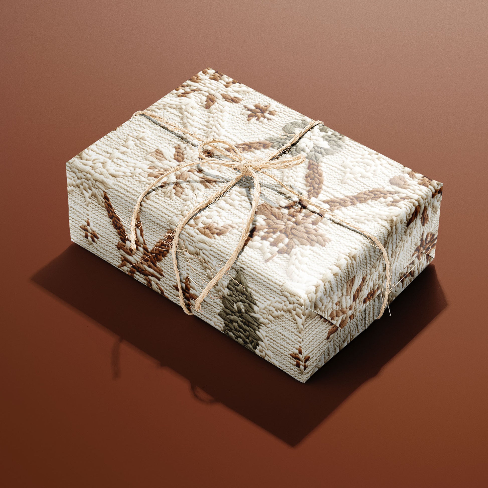 A single rectangular gift wrapped in Festive Fibers and tied with natural twine highlights knit snowflake and tree patterns in warm neutrals on a terracotta backdrop.