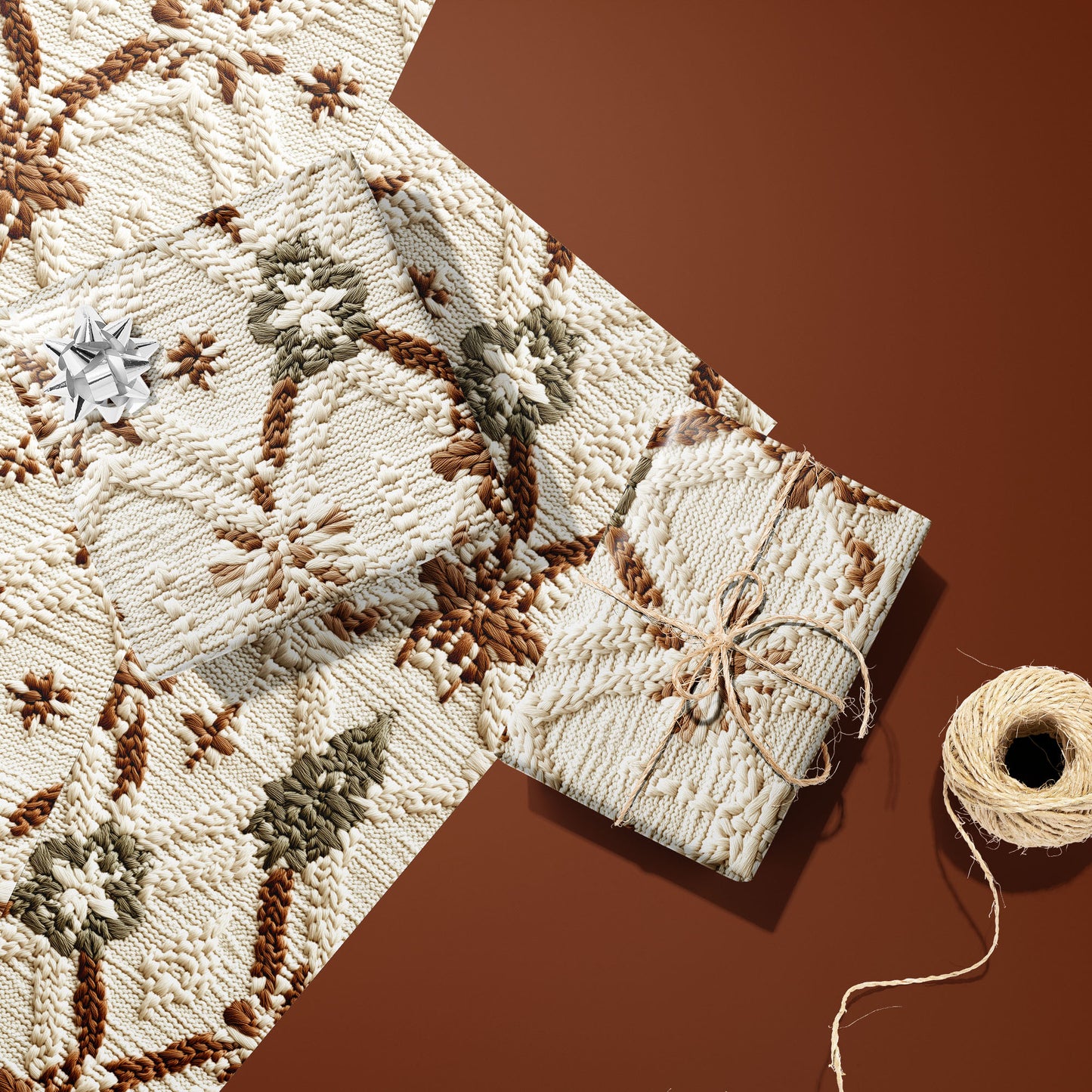 Two Festive Fibers gifts—one with a silver bow and one tied with twine—rest on two unused sheets beside a twine spool on a terracotta surface, showing knit stars and trees.