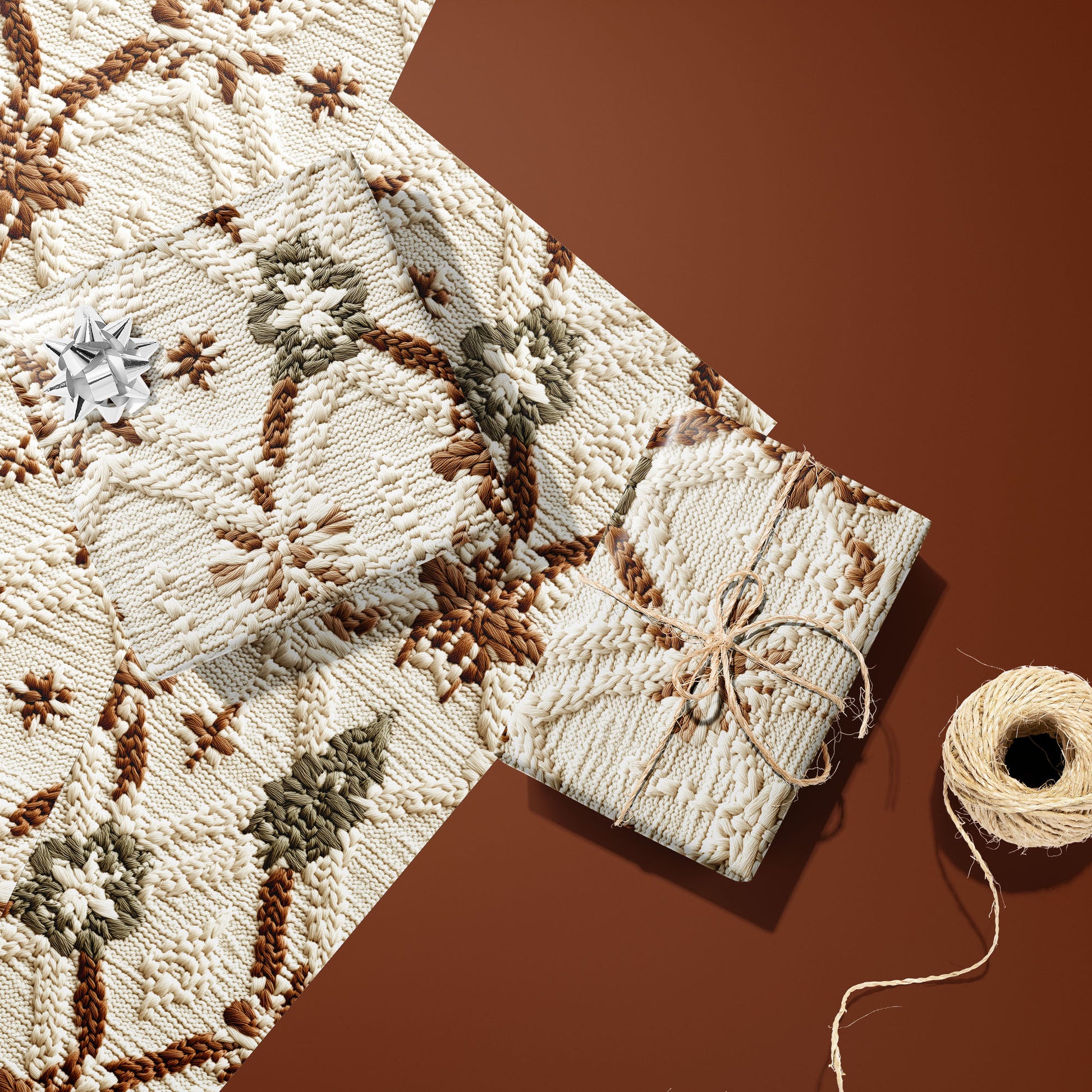 Two Festive Fibers gifts—one with a silver bow and one tied with twine—rest on two unused sheets beside a twine spool on a terracotta surface, showing knit stars and trees.