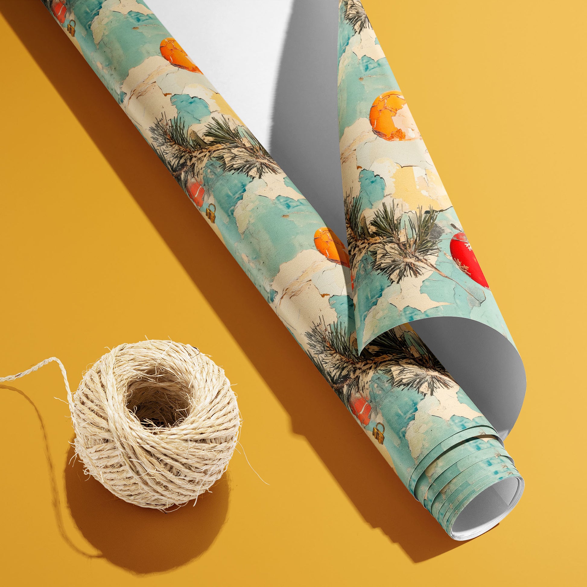 A partially unfurled Faded Flair roll with the white underside visible beside a spool of natural twine, featuring cracked-paint textures, ornaments, and pine on a golden ochre surface.