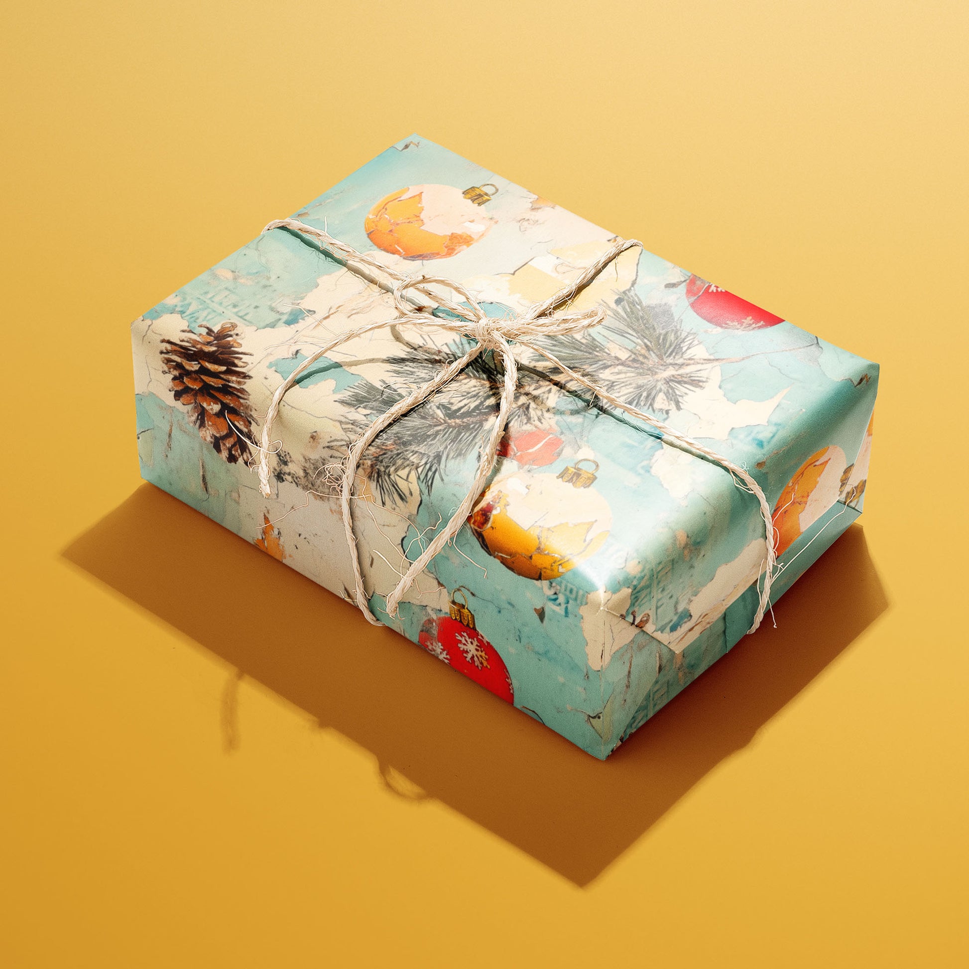 A single rectangular gift wrapped in Faded Flair paper—distressed teal-and-cream collage with red and amber baubles, pine boughs, and cones—tied with natural twine on a golden ochre background.