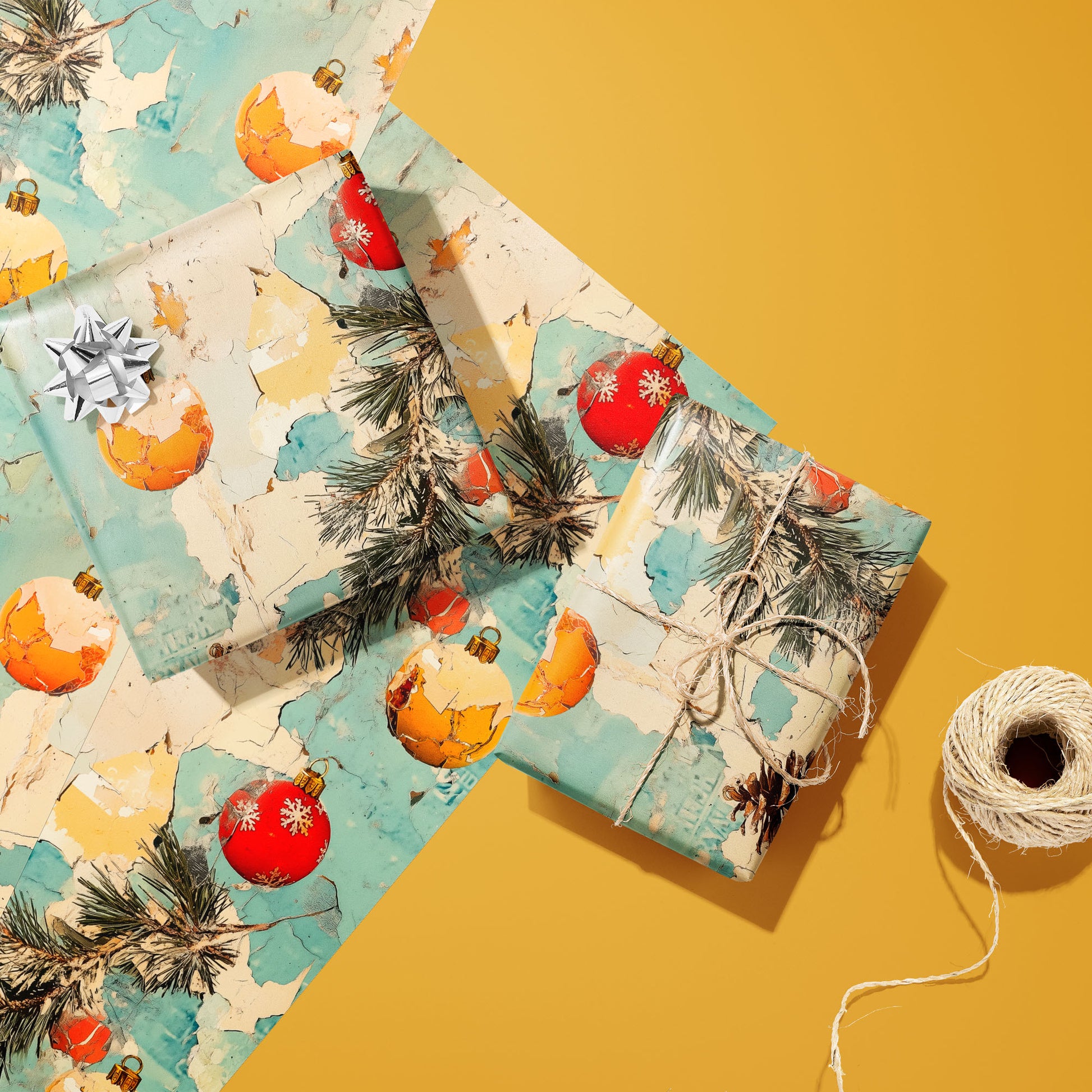 Two gifts in Faded Flair—one with a silver bow and one tied with twine—rest on two unused sheets beside a spool of twine, showing ornaments, pine, and chipped paint on a golden ochre background.