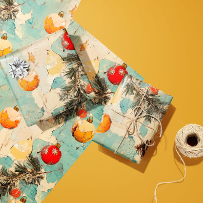 Two gifts in Faded Flair—one with a silver bow and one tied with twine—rest on two unused sheets beside a spool of twine, showing ornaments, pine, and chipped paint on a golden ochre background.