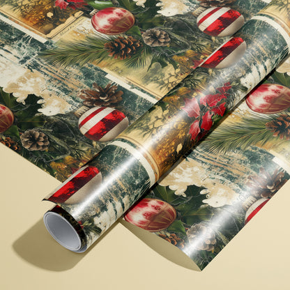 A roll of Vintage Yuletide rests on an unrolled sheet, showing red glass ornaments, pine boughs, holly, and vintage postcard collage with distressed texture on a pale yellow surface.