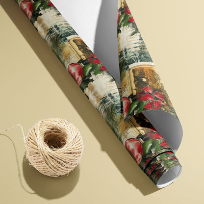 A partially unfurled roll of Vintage Yuletide, white underside visible beside a spool of natural twine, features ornaments, pine and holly over a timeworn collage on a pale yellow surface.