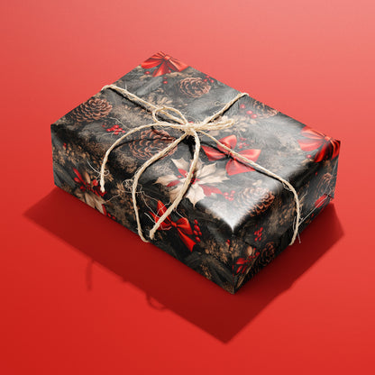 A single gift wrapped in Classic Yuletide and tied with natural twine displays holly sprigs and vintage ornaments on a deep evergreen ground against a rich red background.