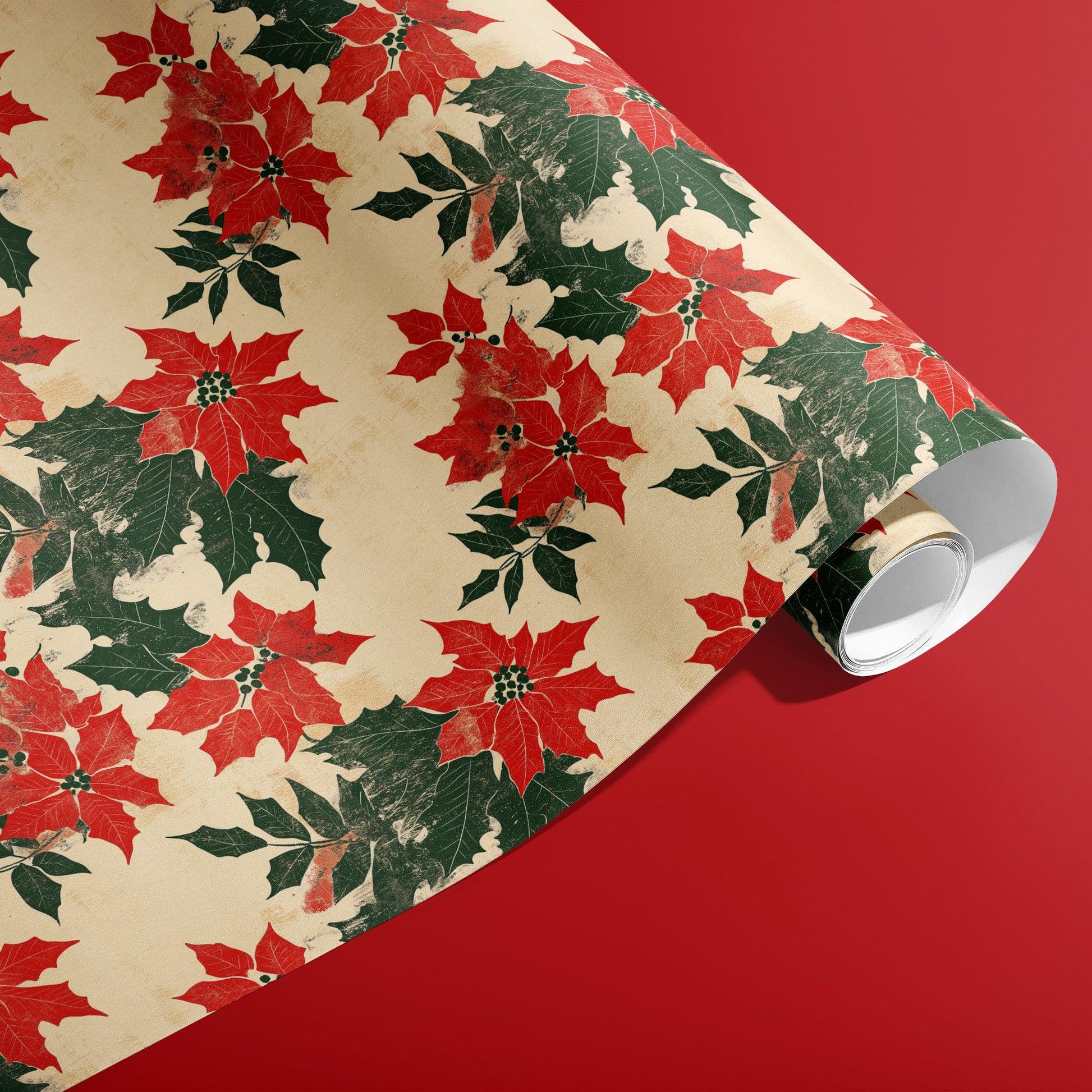 A partially unfurled roll of Woodblock Poinsettias gift wrap showing distressed red poinsettias and holly leaves on cream paper against a rich red surface.
