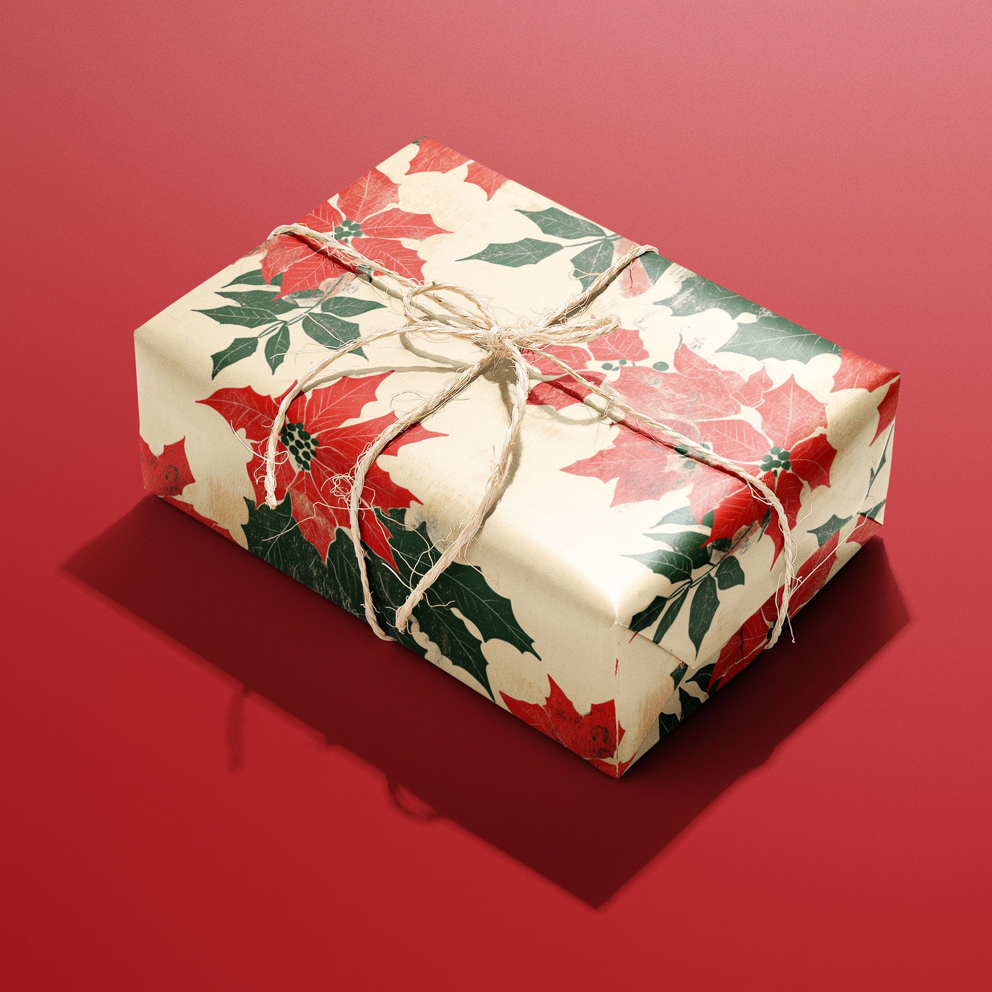 A single box wrapped in Woodblock Poinsettias paper, patterned with classic poinsettia blooms and holly sprigs and tied with rustic twine on a red backdrop.