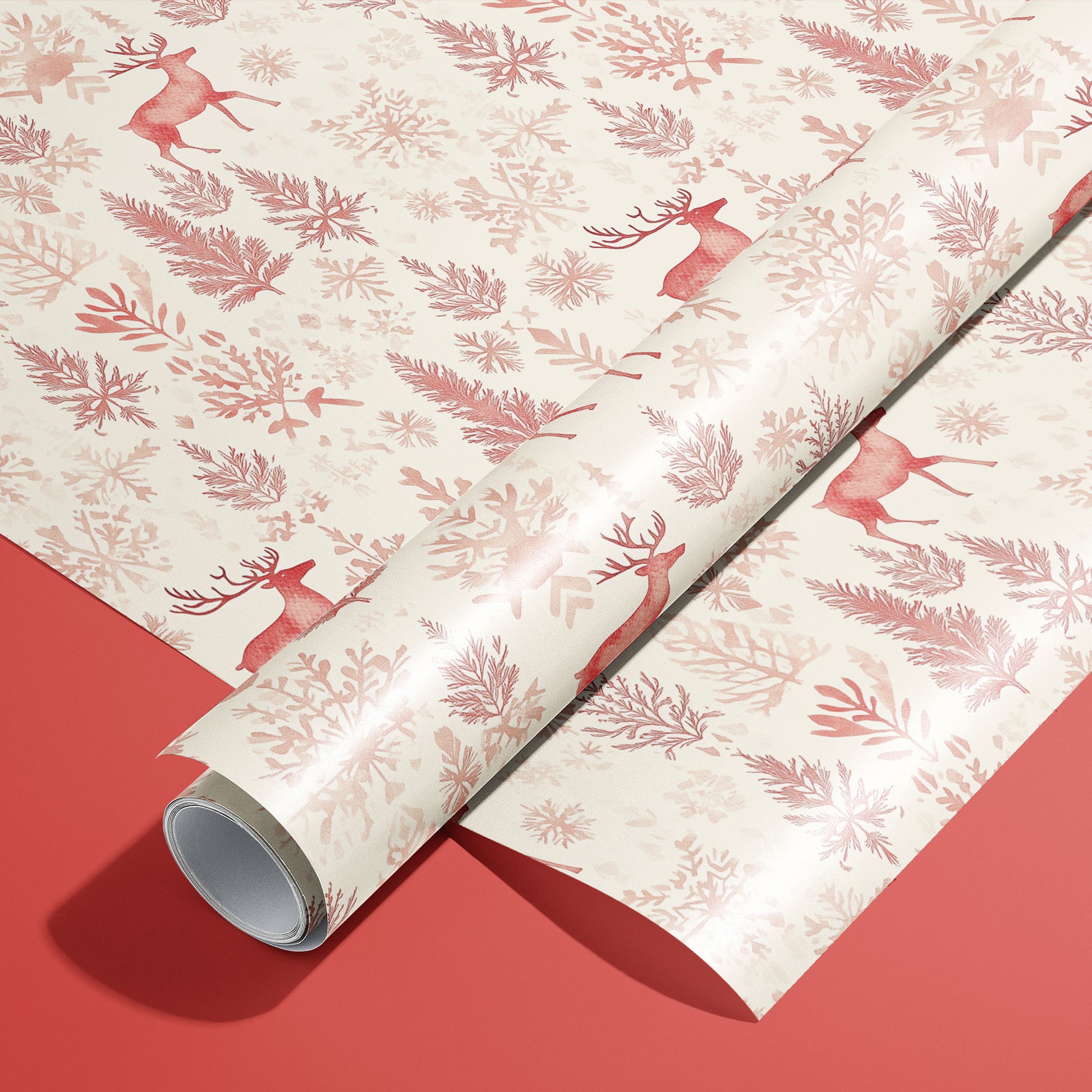 A roll of Nordic Wonderland wrapping paper resting on a matching unrolled sheet, with red reindeer, foliage and snowflakes on cream over a red background.