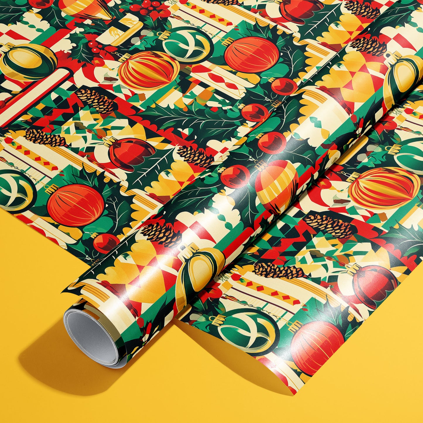 A roll of Merry Midcentury wrapping paper resting on a matching unrolled sheet, featuring retro ornaments, holly and pinecones on a bold patterned print over a yellow background.