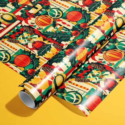 A roll of Merry Midcentury wrapping paper resting on a matching unrolled sheet, featuring retro ornaments, holly and pinecones on a bold patterned print over a yellow background.