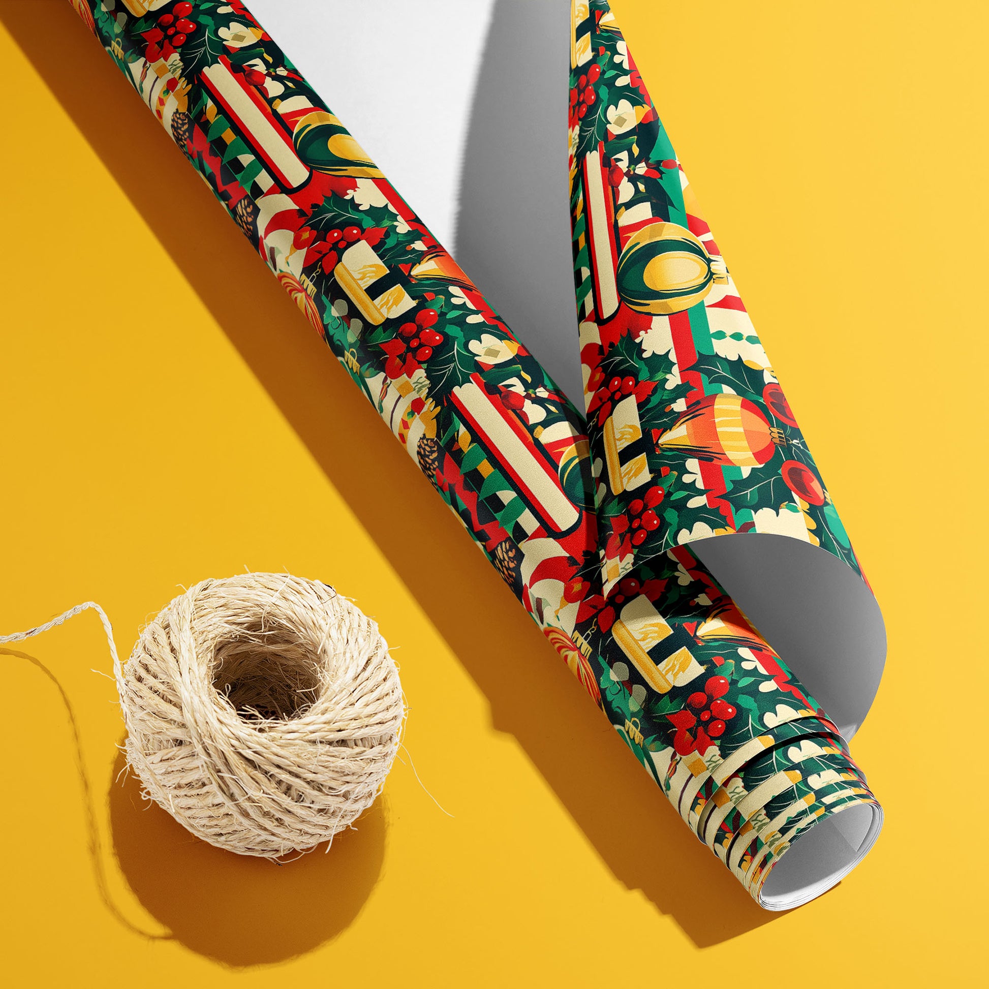A roll of Merry Midcentury wrapping paper curled to reveal its white underside beside a spool of natural twine on a bright yellow background.