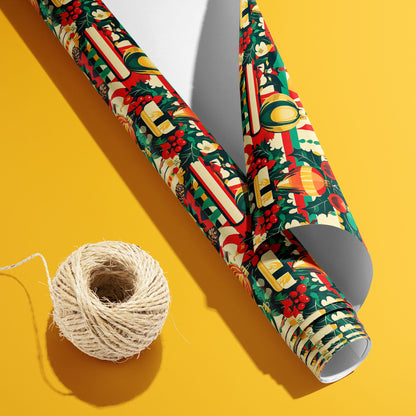A roll of Merry Midcentury wrapping paper curled to reveal its white underside beside a spool of natural twine on a bright yellow background.