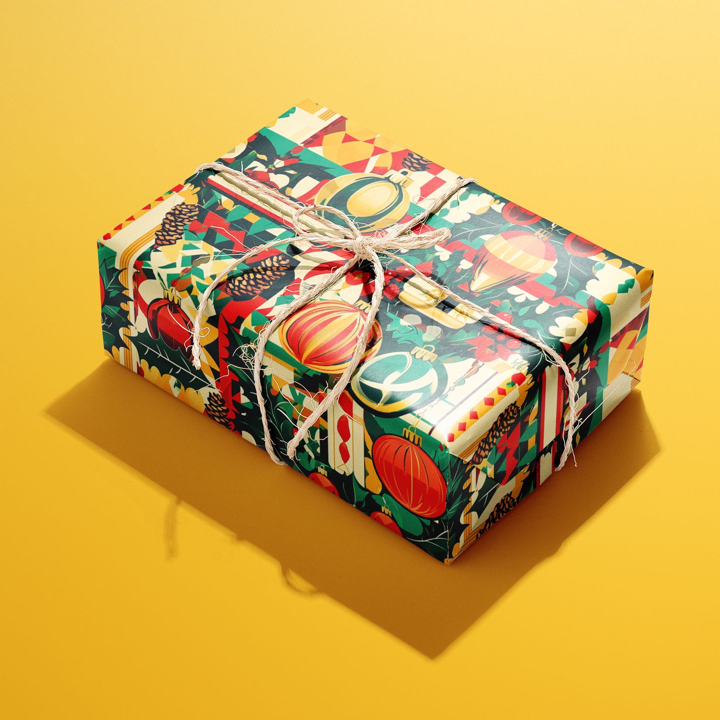 A single box wrapped in Merry Midcentury paper, covered in vintage-style ornaments and holly motifs and tied with rustic twine on a sunny yellow background.