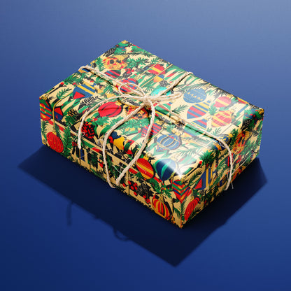 A single box wrapped in Retro Ornament Celebration paper, decorated with vibrant retro ornaments and pine branches and tied with rustic twine on a blue backdrop.
