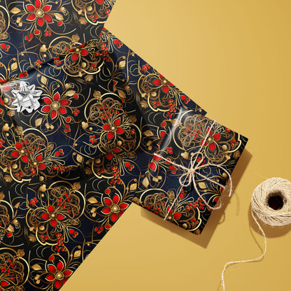 Two gifts in Arabesque Tapestry—one with a silver bow and one tied with twine—rest on two unused sheets with gold filigree and red florals on deep navy beside twine on warm gold.