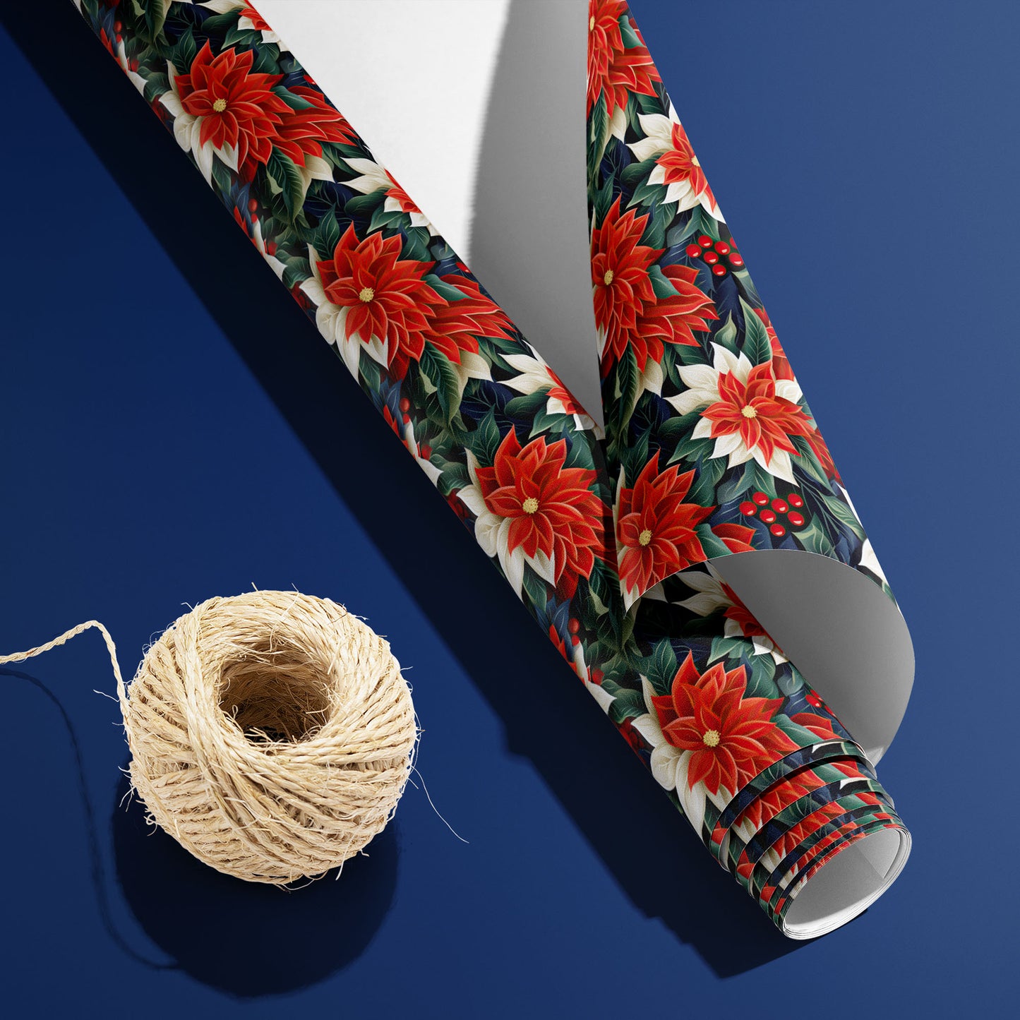 A curled roll of Classic Poinsettias wrapping paper revealing its white underside beside a spool of natural twine on a deep blue background.