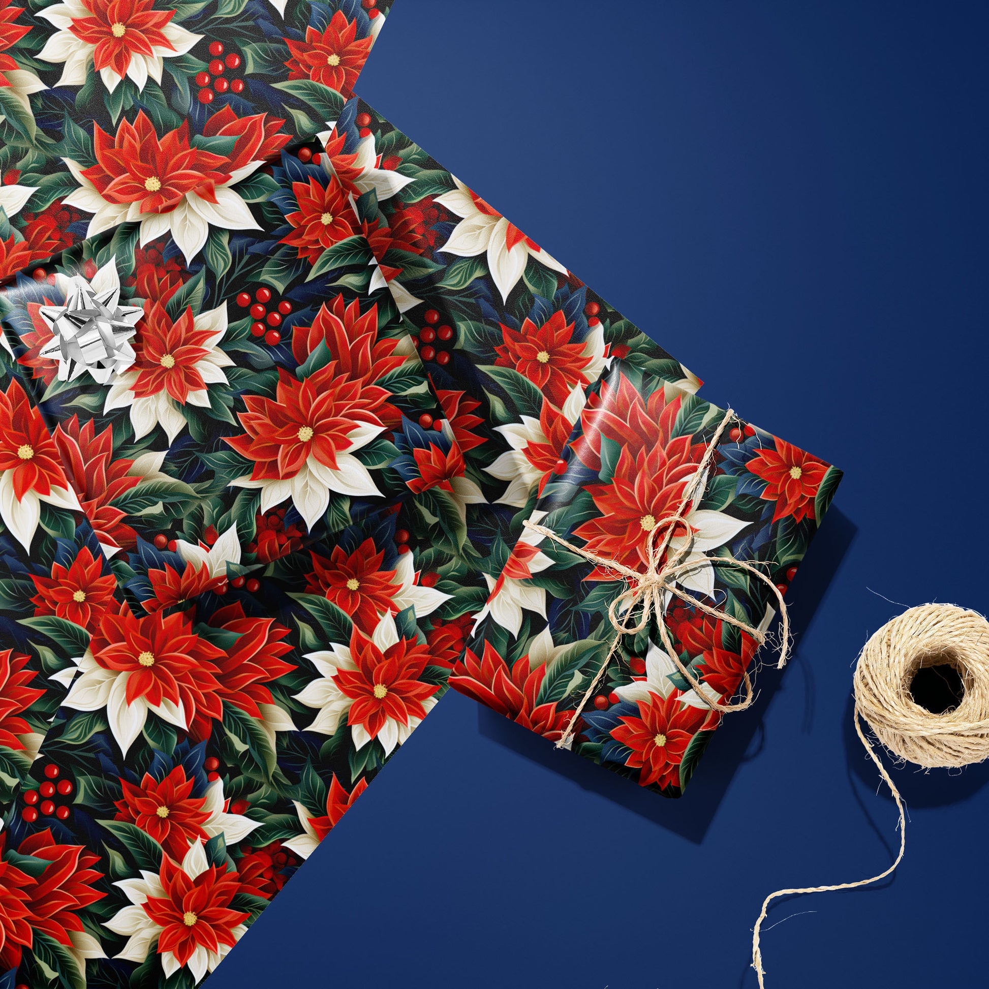 Two gifts wrapped in Classic Poinsettias floral paper, one topped with a silver bow and one tied with twine, resting on extra sheets beside twine on a blue surface.