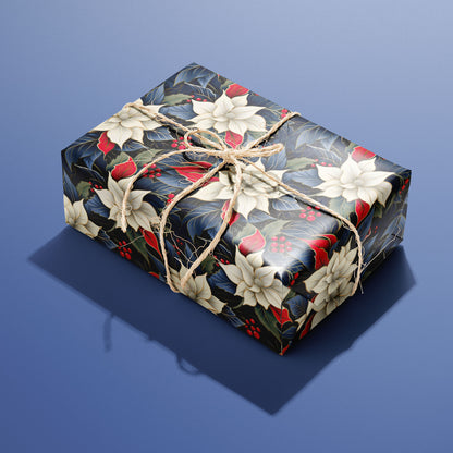 A single box wrapped in Elegant Poinsettias paper, decorated with lush ivory poinsettias and red berries and tied with rustic twine on a blue backdrop.
