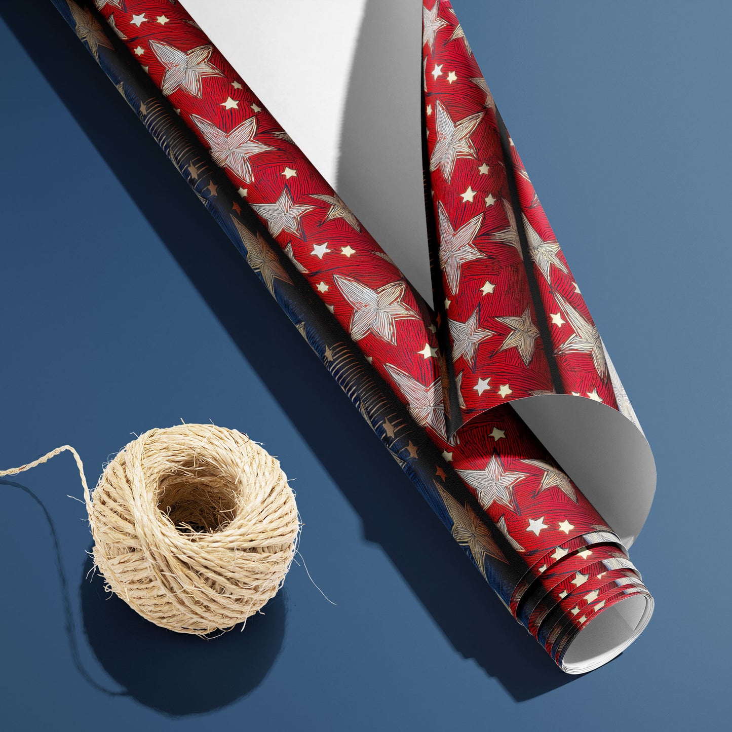A partially unfurled roll of Starwoven Glory, white underside visible beside a spool of natural twine, displays stitched constellations on midnight blue over a deep navy surface.
