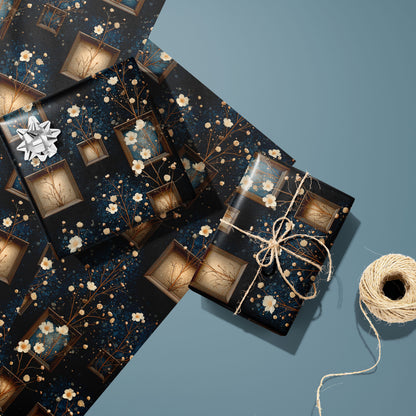 Two gifts wrapped in Curio Florarium—one topped with a silver bow and one tied in natural twine—rest on two unused sheets, showing vintage frames and cream blossoms on deep navy against a teal background.