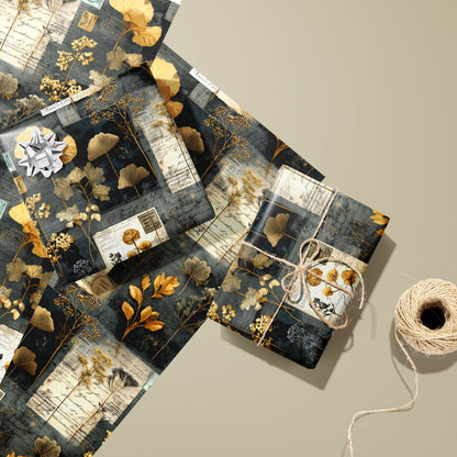 Two gifts in Night Specimens wrap—one with a silver bow, one tied with twine—rest on two unused sheets beside a spool of twine on a warm tan background.
