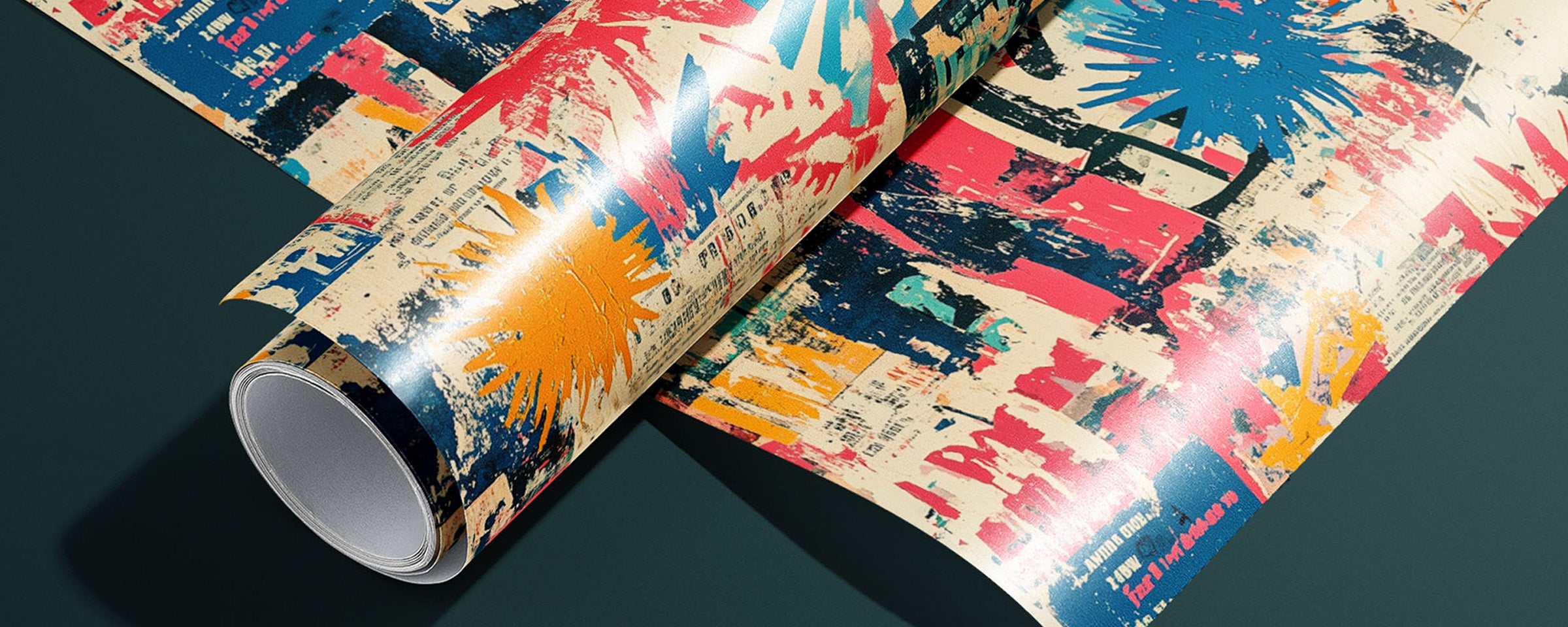 Colorful abstract patterned wrapping paper roll resting on matching wrapping paper sheet, both on a dark surface
