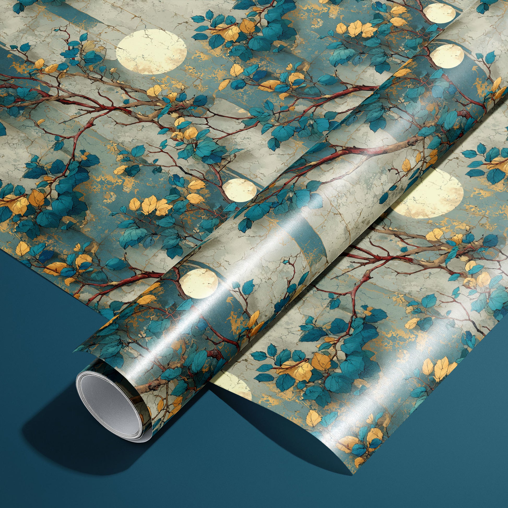 A roll of Verdigris Trellis wrapping paper rests on an unrolled sheet, showing climbing branches, teal and golden leaves, and moon medallions over an aged verdigris ground on a deep teal surface.