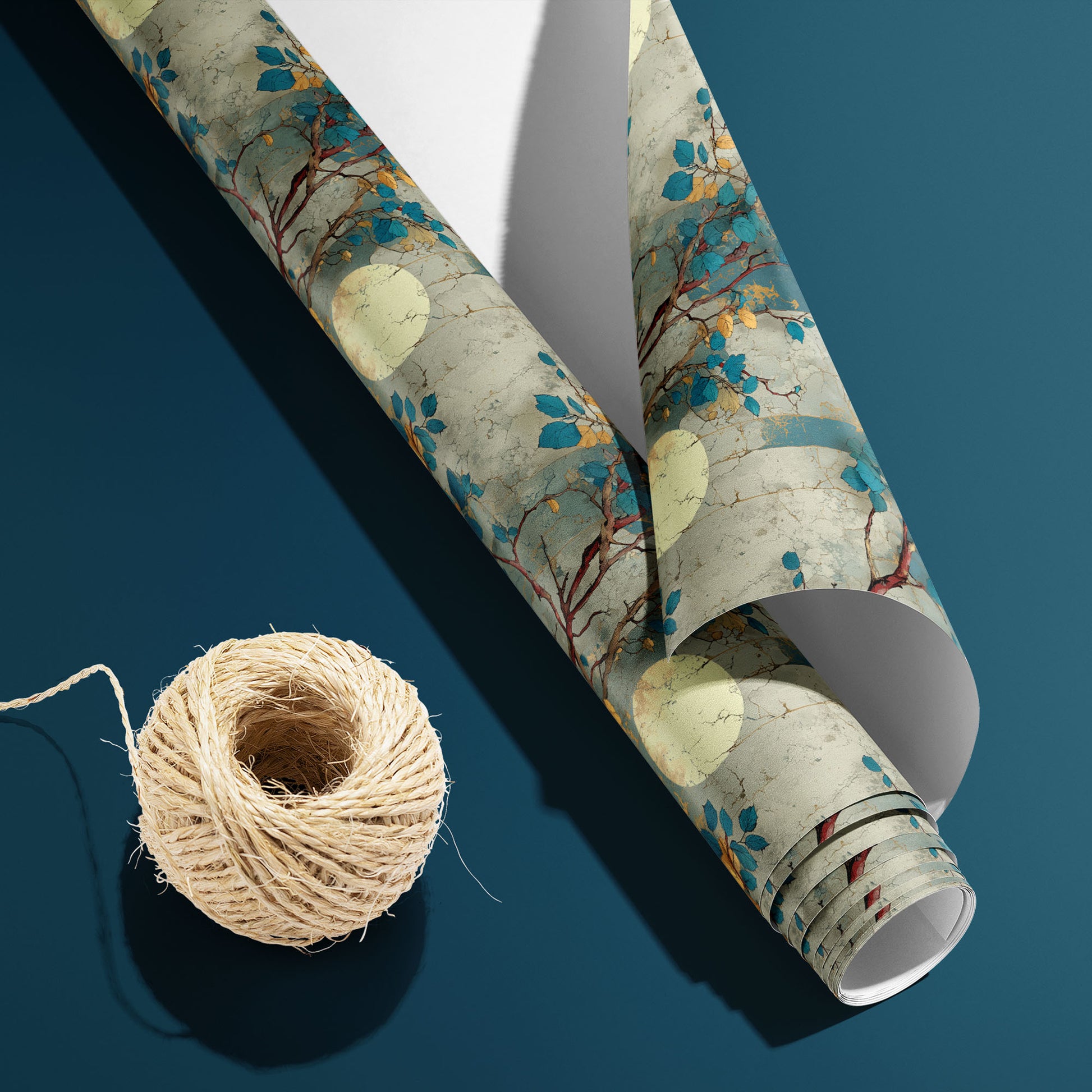 A partially unfurled roll of Verdigris Trellis, white underside visible beside a spool of natural twine, shows teal and gold leaves with moon medallions over an antique verdigris design on a deep teal surface.