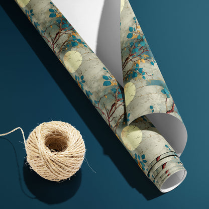 A partially unfurled roll of Verdigris Trellis, white underside visible beside a spool of natural twine, shows teal and gold leaves with moon medallions over an antique verdigris design on a deep teal surface.